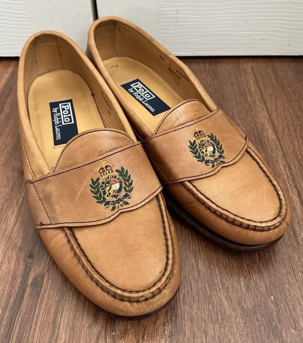 POLO RALPH LAUREN Men’s Vintage Camel Leather Embroidered Crest Loafers Sz 9.5D